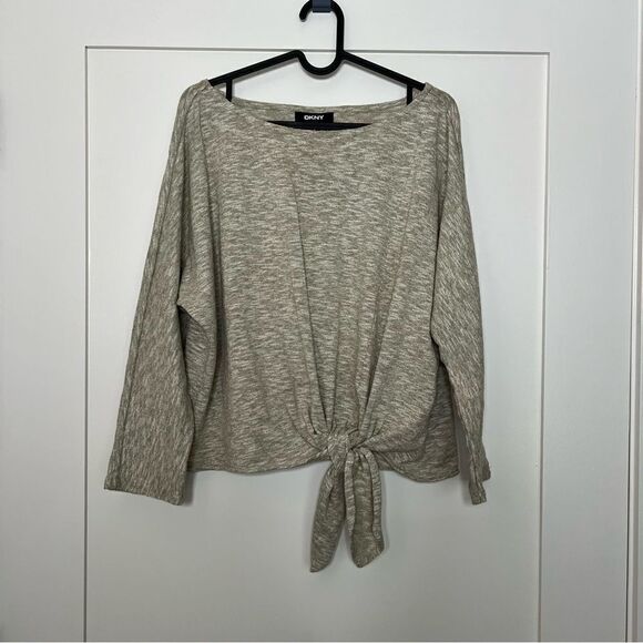 DKNY Sweater Top Womens Size M Gray Long Sleeve Tie Wrap Front Cropped - Picture 1 of 12